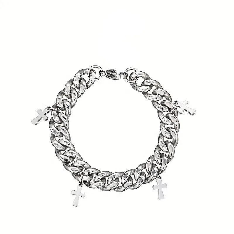 Men's titanium steel bracelet with a geometric cross charm on an adjustable strap.