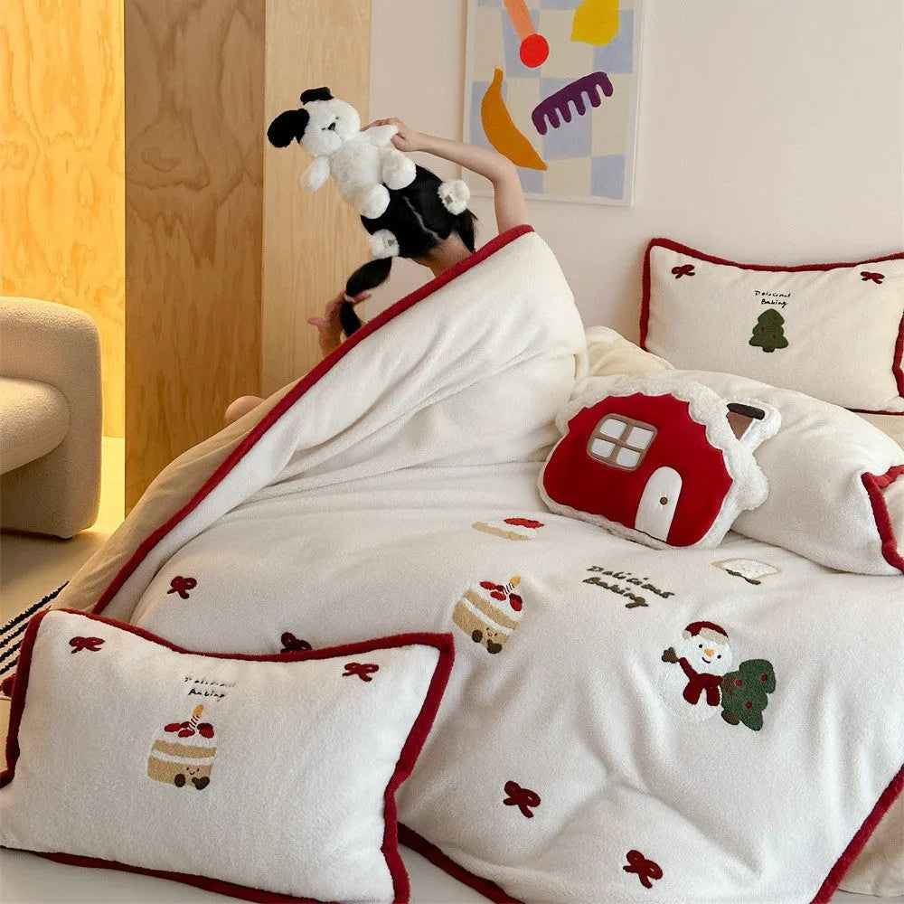 Winter-themed cartoon bedding four-piece set in polyester fabric with cashmere pattern design