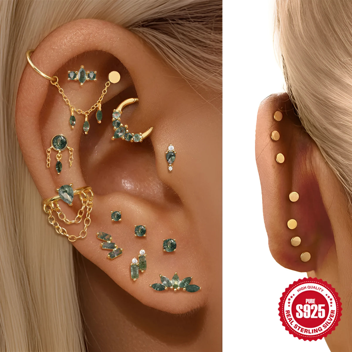 S925 sterling silver geometric moss water drop ear stud in gold finish on neutral background