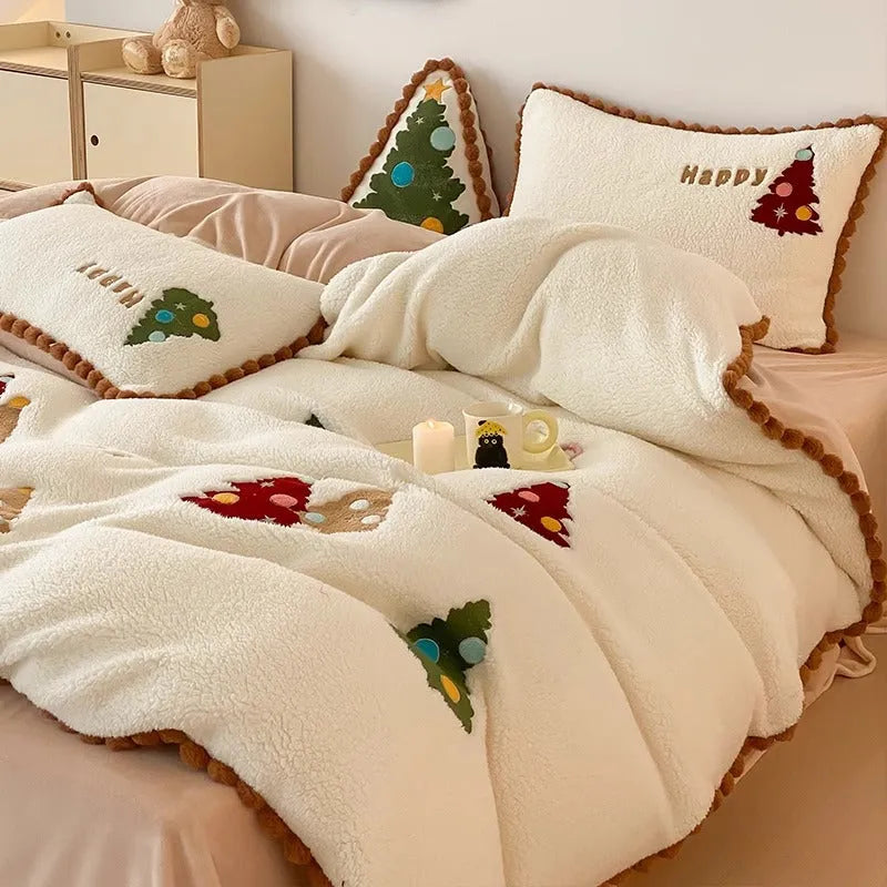 Bright yellow fleece-lined bedding set with a cartoon winter Christmas tree design.