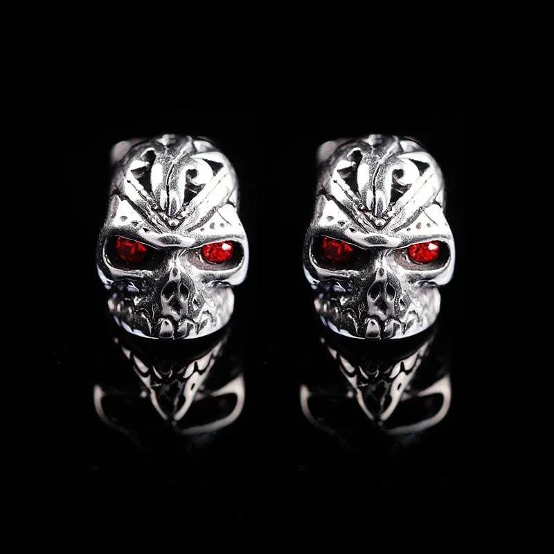 Retro skull stud earrings with red eye ghost head design on alloy base
