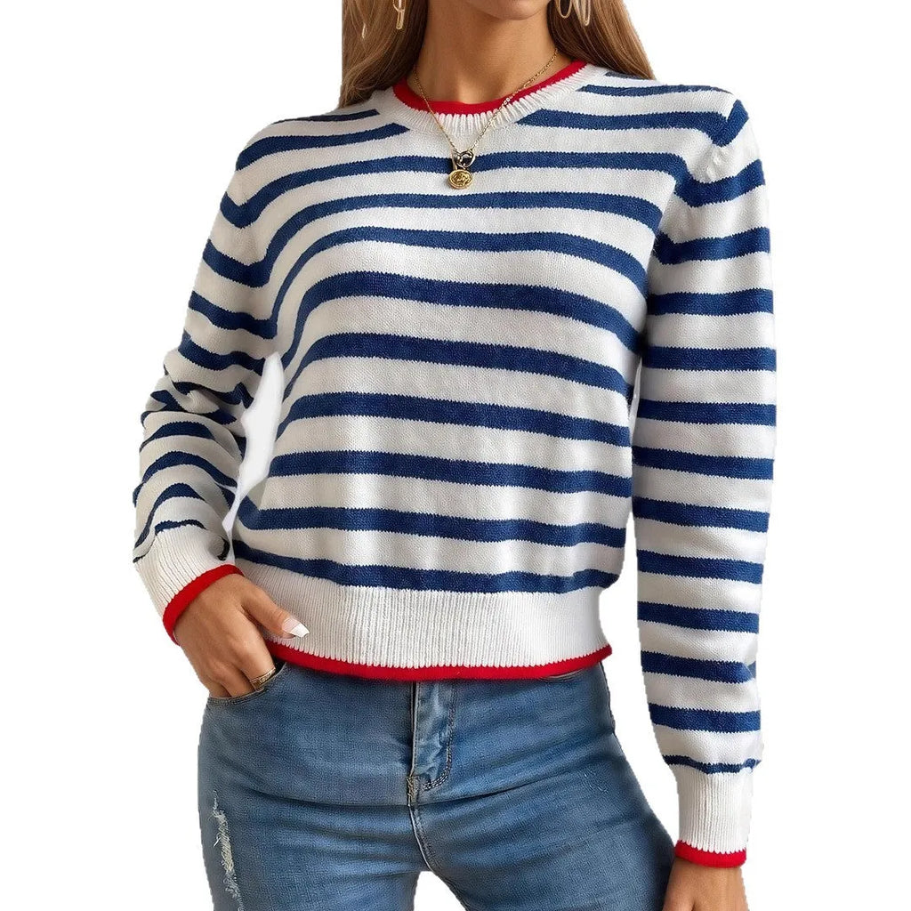 Sapphire blue striped acrylic pullover sweater with loose fit and round neck