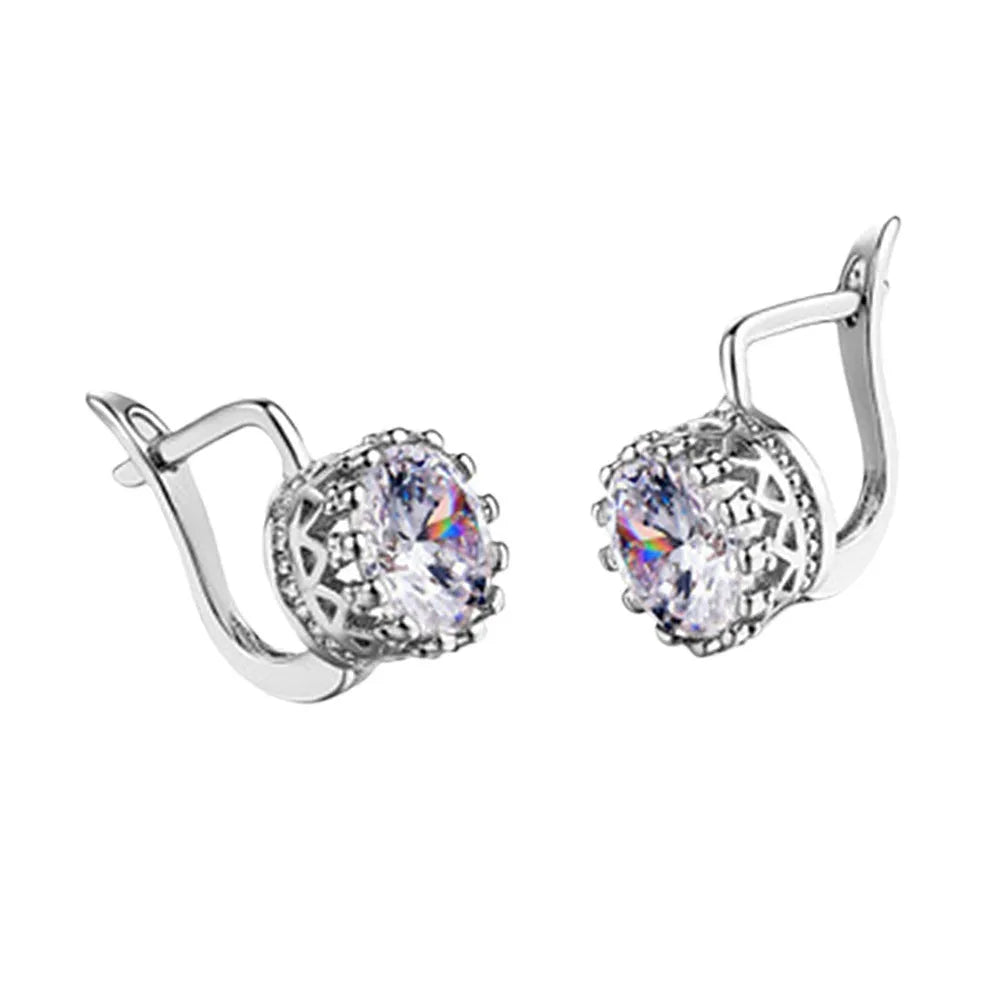 Korean retro crown-shaped ear clip earrings in rose gold or white gold colour with white diamond details.