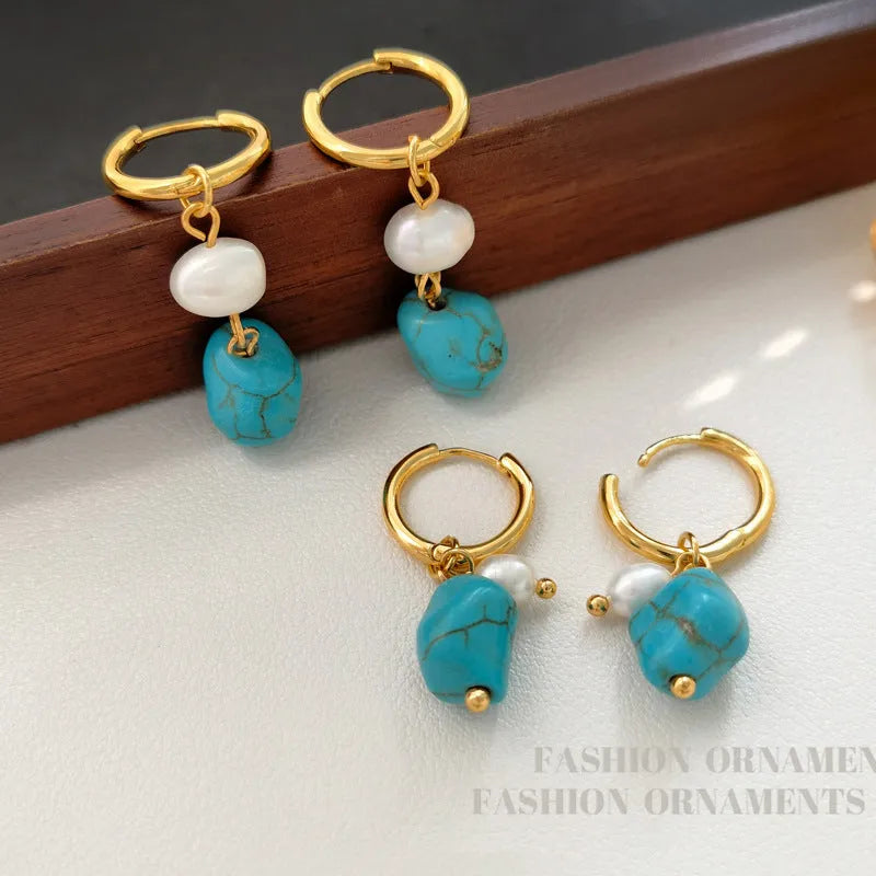 Geometric copper earrings with irregular turquoise stones and cultured pearl accents in short and long styles