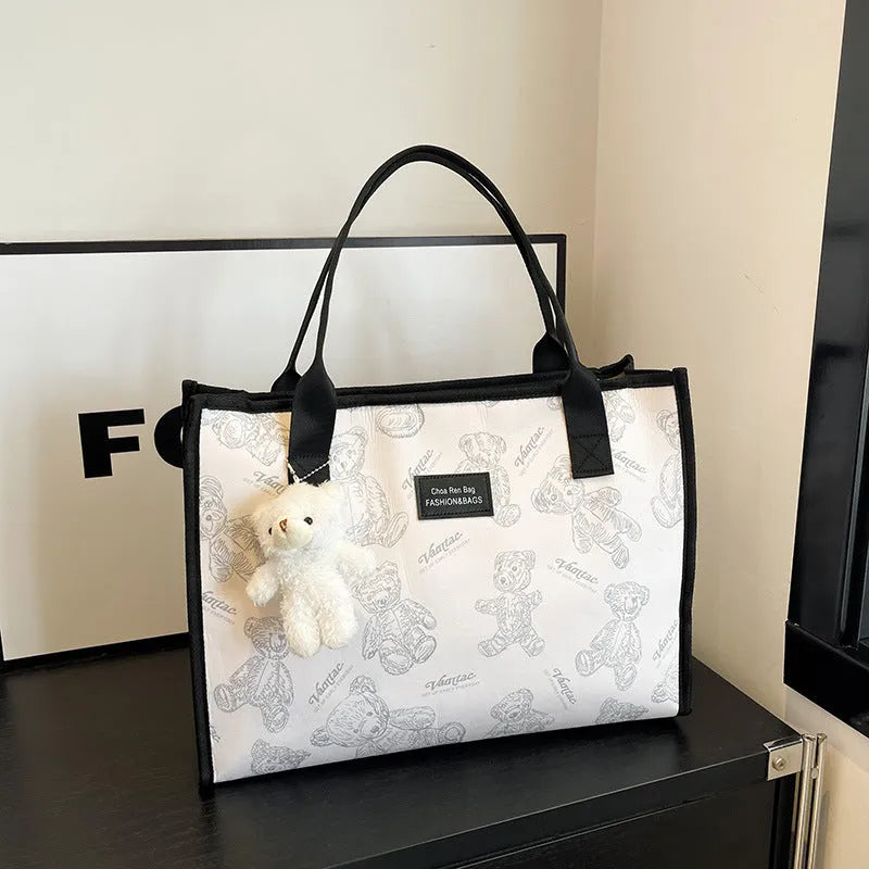 Women's black and white rhombus pattern printed canvas tote bag with large capacity