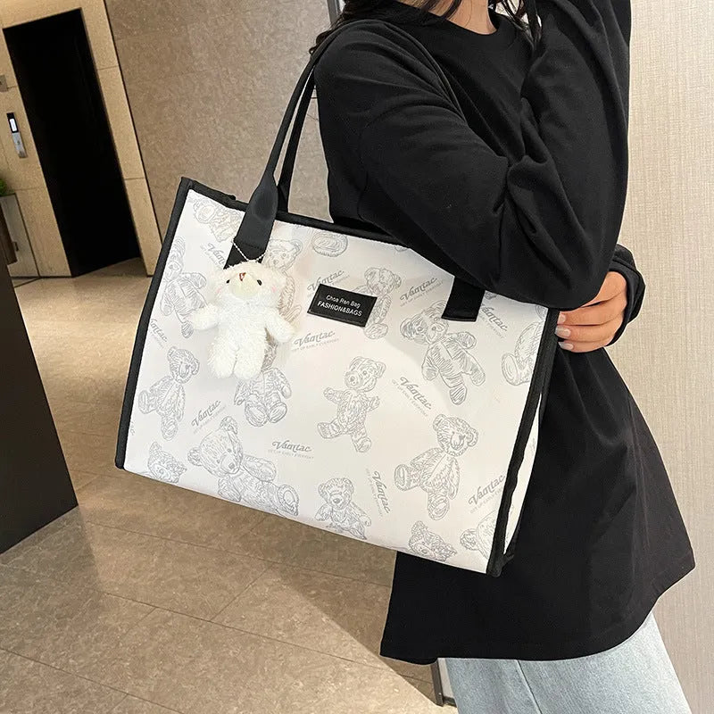 Women's black and white rhombus pattern printed canvas tote bag with large capacity