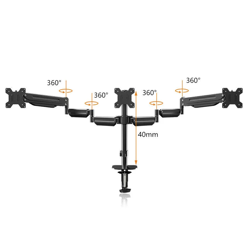 Three-screen monitor stand with adjustable rotary bracket and double air pressure arm in cold rolled steel