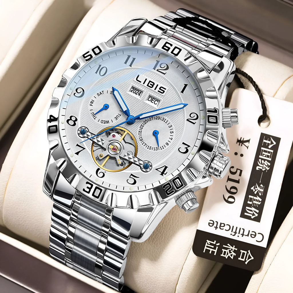 Silver men's automatic perpetual calendar mechanical watch with stainless steel strap on a wrist.