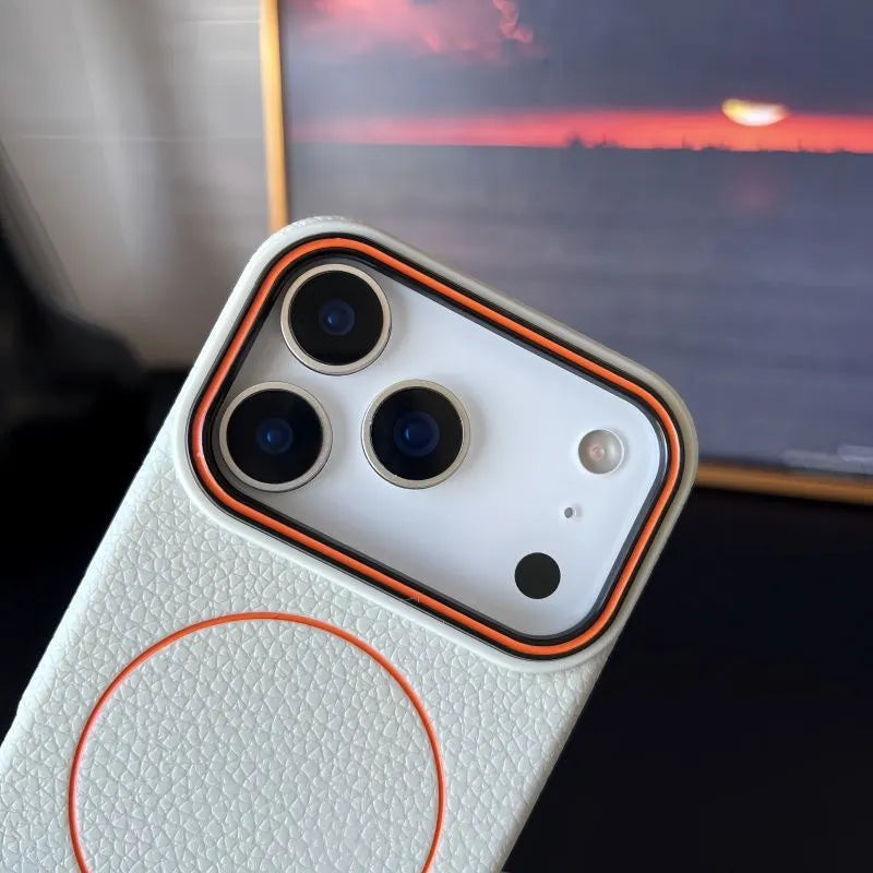 Black TPU phone case with embossed litchi pattern and magnetic ring for iPhone 17 Pro Max