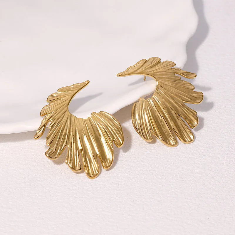 Stainless steel leaf stud earrings with gold or steel colour electroplated finish