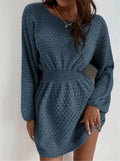 Blue women's knitted dress with fitted waist, crocheted flower details, and French round neckline