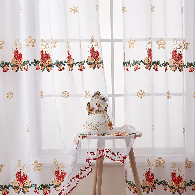 American Christmas curtain with embroidered snowflake pattern in semi-sunshade polyester fabric