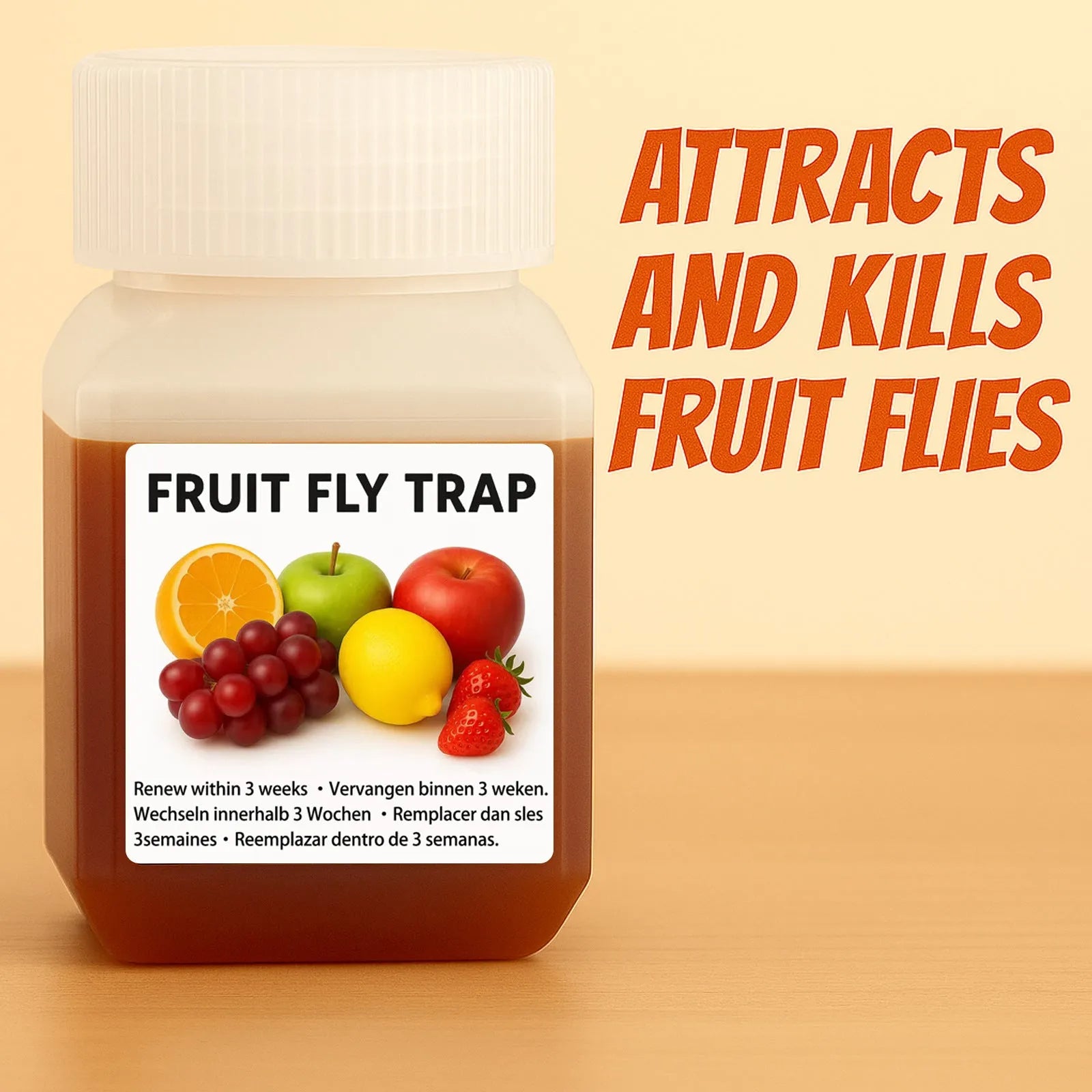 Bottle of SK003 fruit fly trapper bait liquid showing funnel and no-funnel options