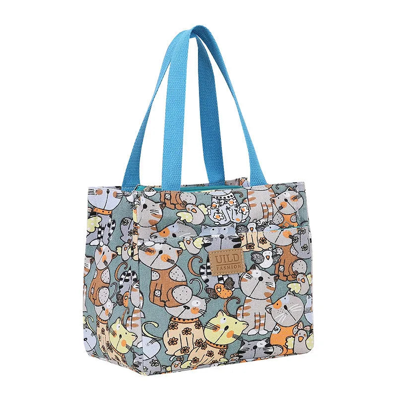 Women's large square canvas tote bag with printed design options of cats, letters, and flowers.