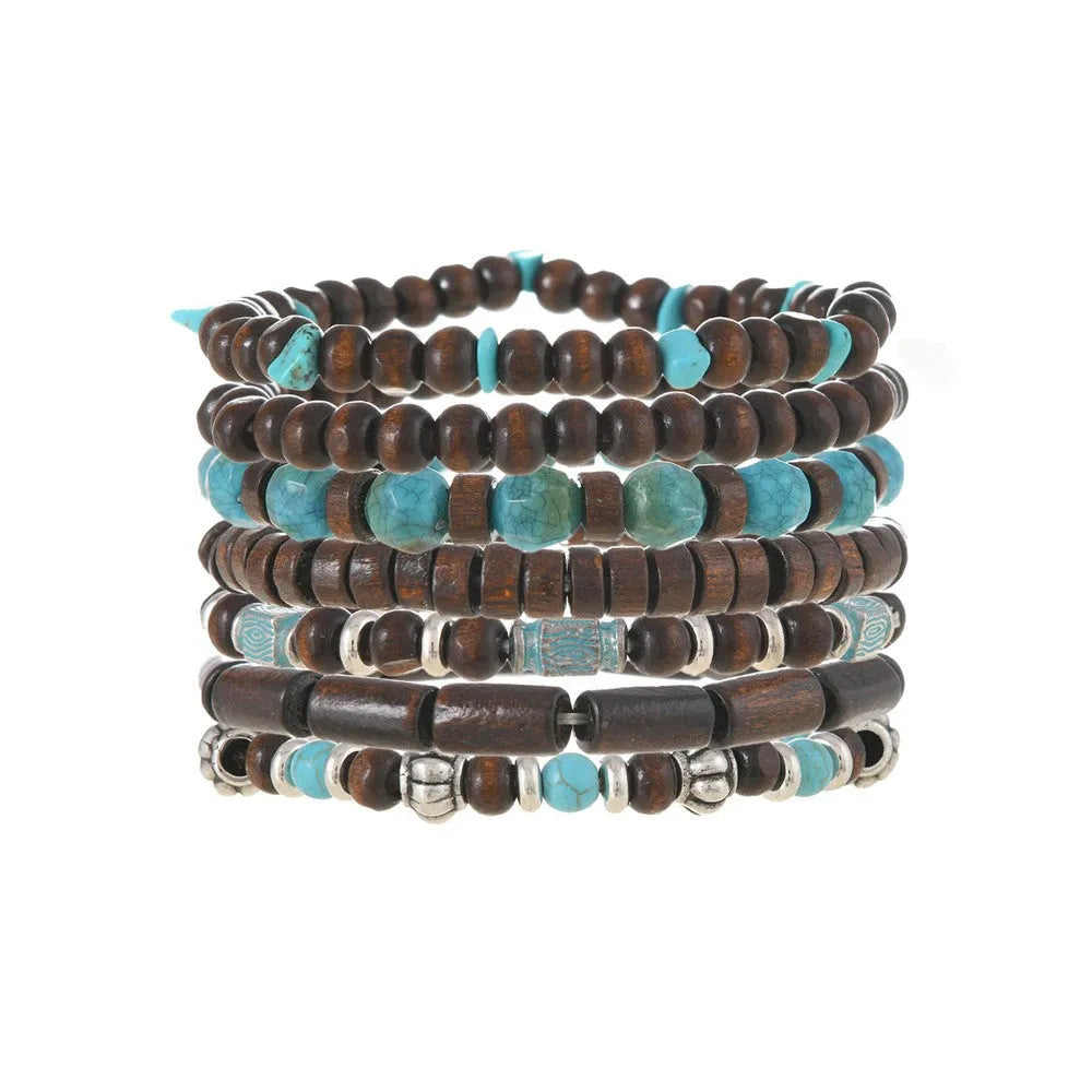 Seven retro bracelets with wooden and alloy beads in multicolour round design