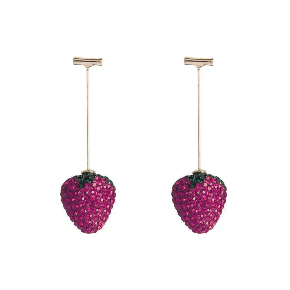 Women's geometric strawberry drop earrings with sparkling crystals in red zinc alloy.