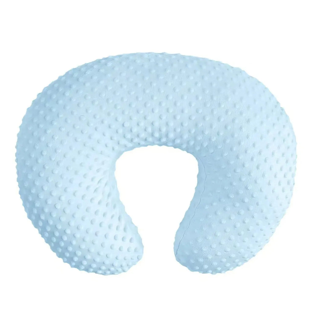 Grey multifunctional nursing pillow with milk spill prevention design on a neutral background