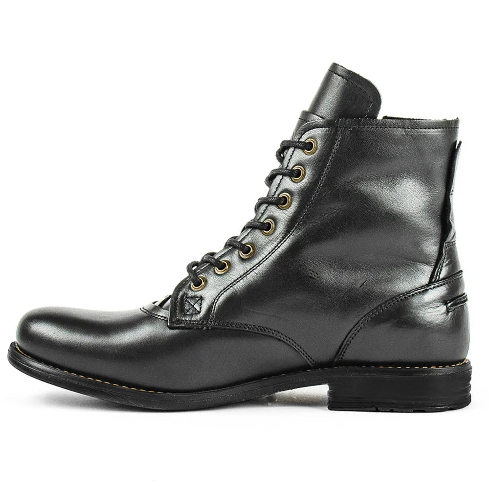 Men's black and brown two-tone leather ankle boots with a side zipper and low heel.