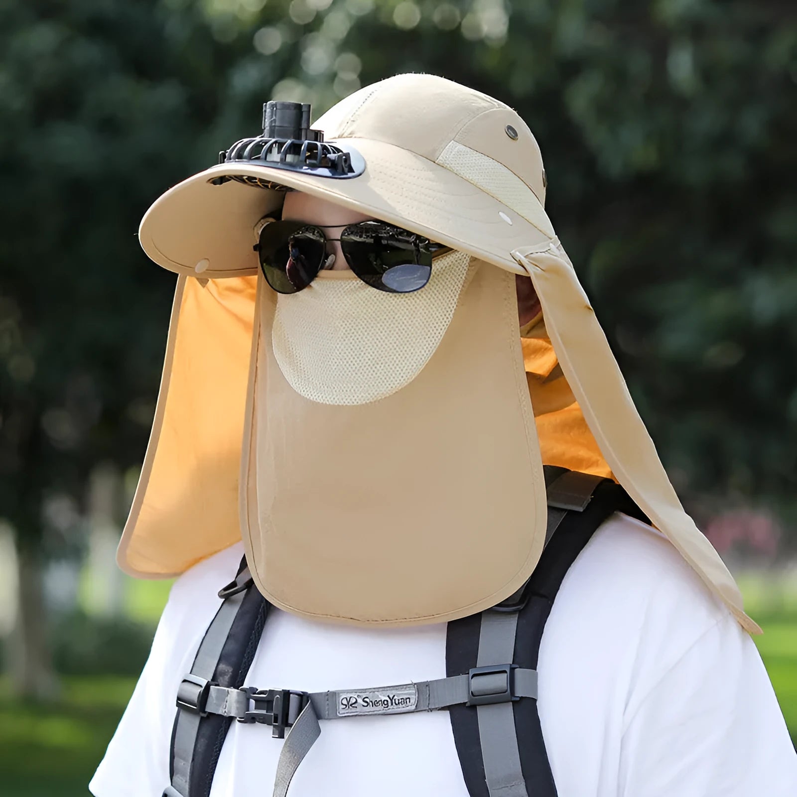 Men's navy blue sun protection hat with USB rechargeable fan and face covering shawl for fishing and outdoor activities