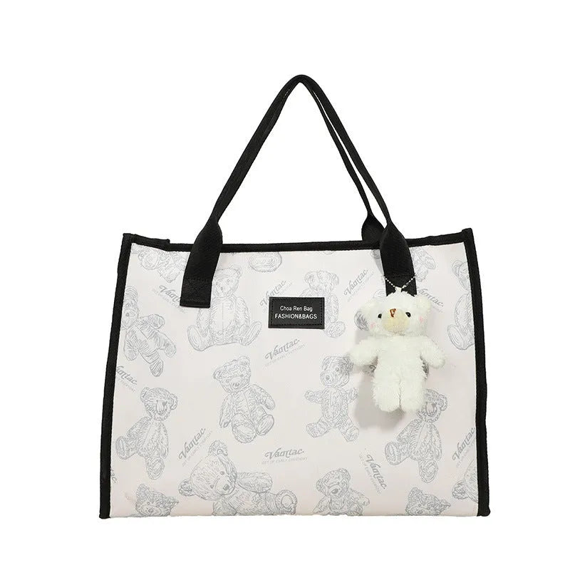 Women's black and white rhombus pattern printed canvas tote bag with large capacity