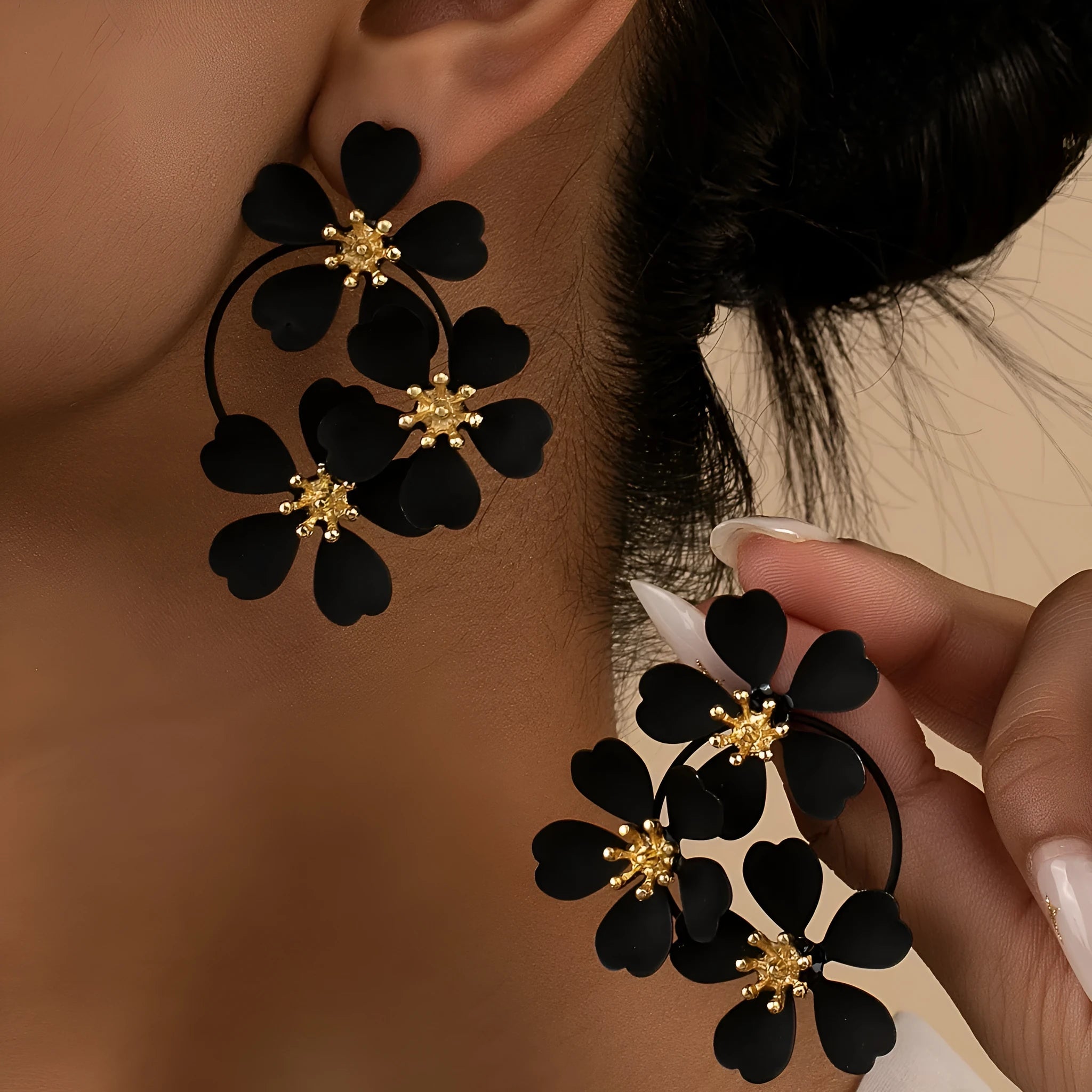 A pair of retro-style flower earrings for women, made from iron with a baking varnish finish in black and white options.