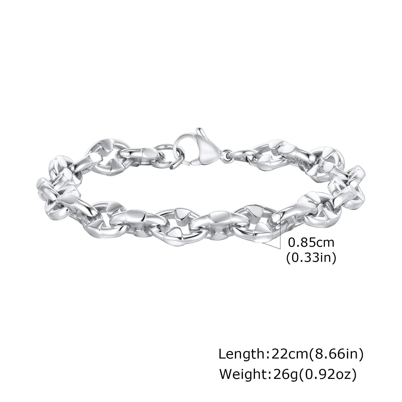 Men's thick stainless steel handmade geometric chain bracelet in steel colour.