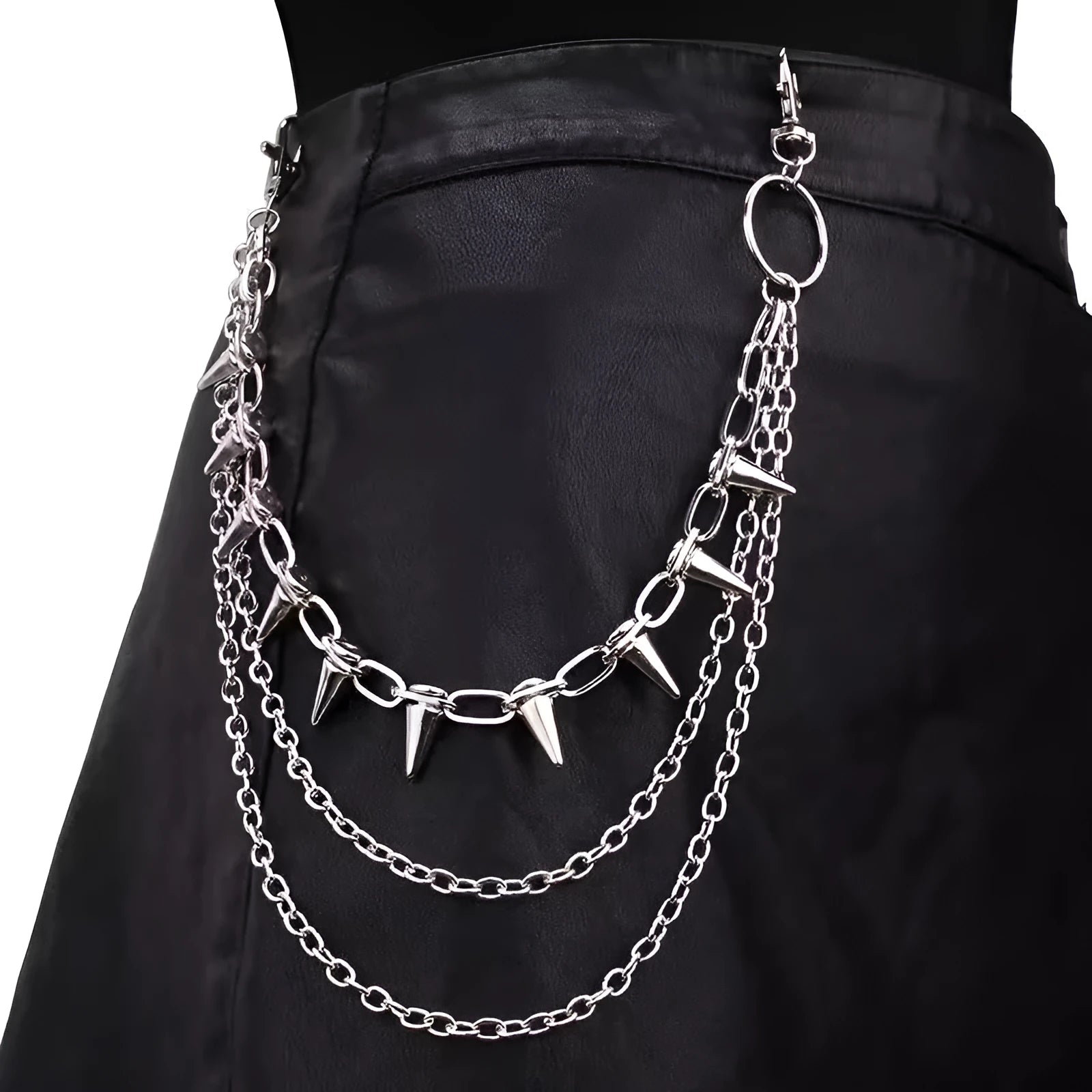 Silver double-layer metal trousers chain with rivet details showing 115cm length