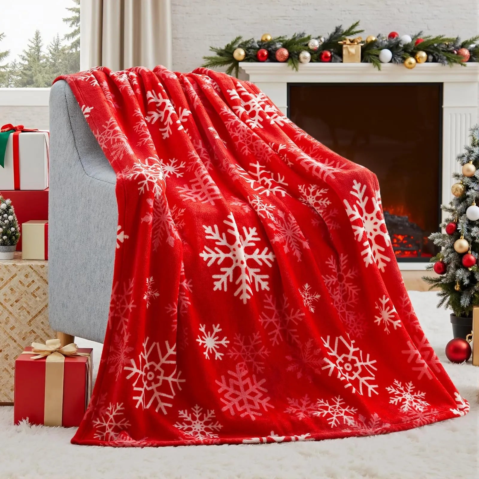 Soft red plush Christmas blanket draped over a sofa, showing its textured flannel material.