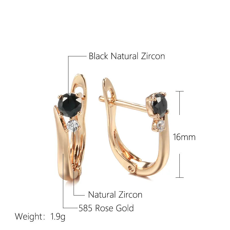Gold drop earrings with geometric design and black agate stone inlay on copper base