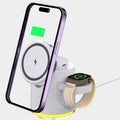 C16 magnetic three-in-one wireless folding charger in Black showing iPhone, Apple Watch, and earbuds charging simultaneously