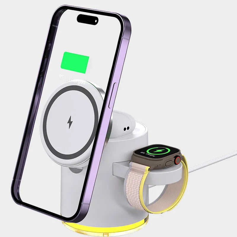 C16 magnetic three-in-one wireless folding charger in Black showing iPhone, Apple Watch, and earbuds charging simultaneously