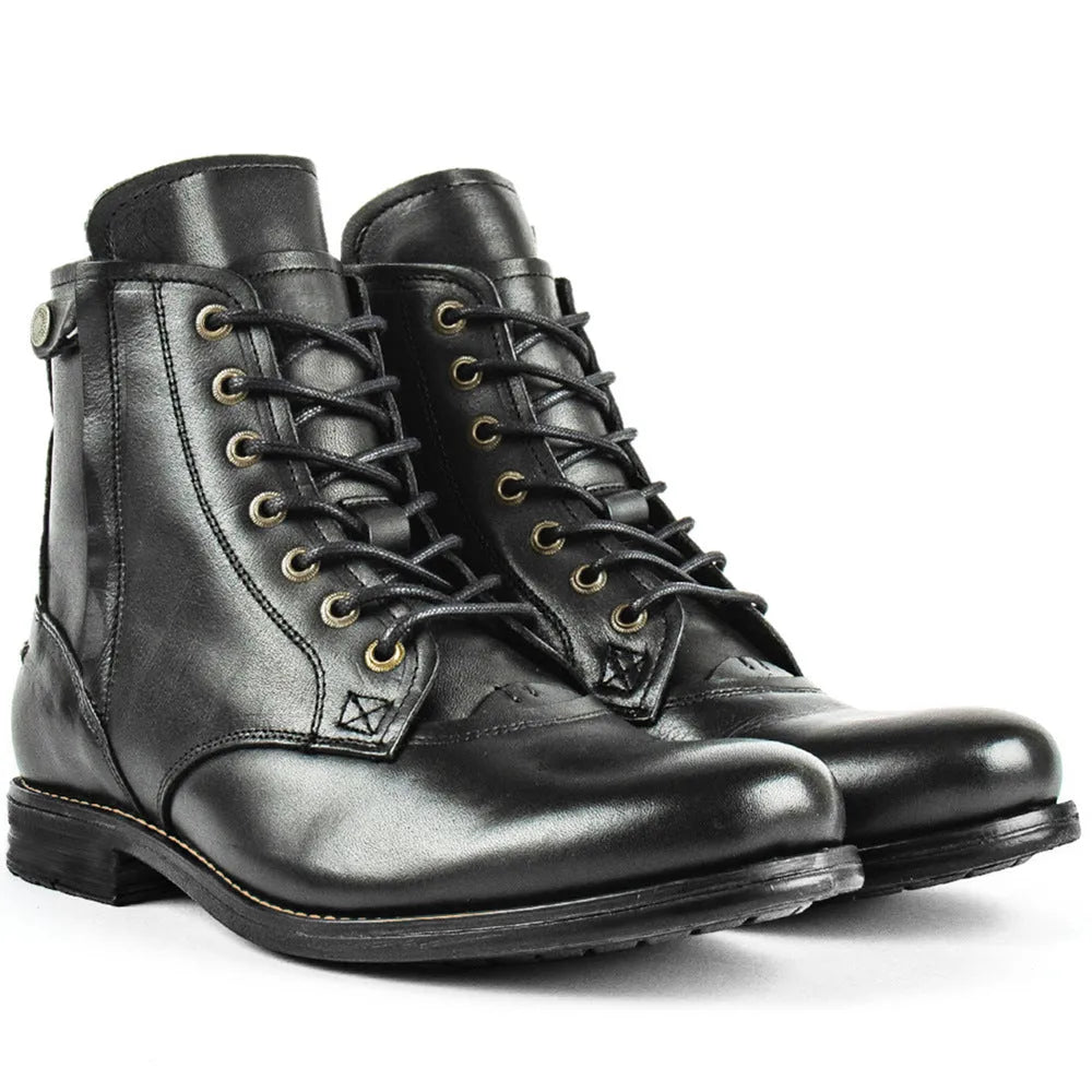 Men's black and brown two-tone leather ankle boots with a side zipper and low heel.