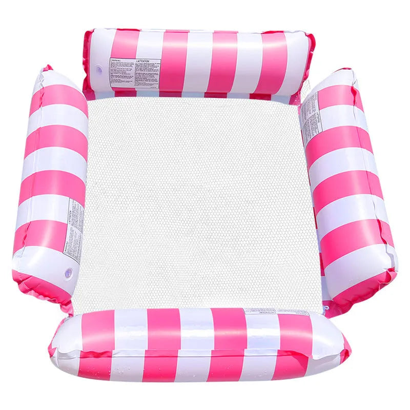 Inflatable four-tube floating deck chair with striped design and mesh seating area