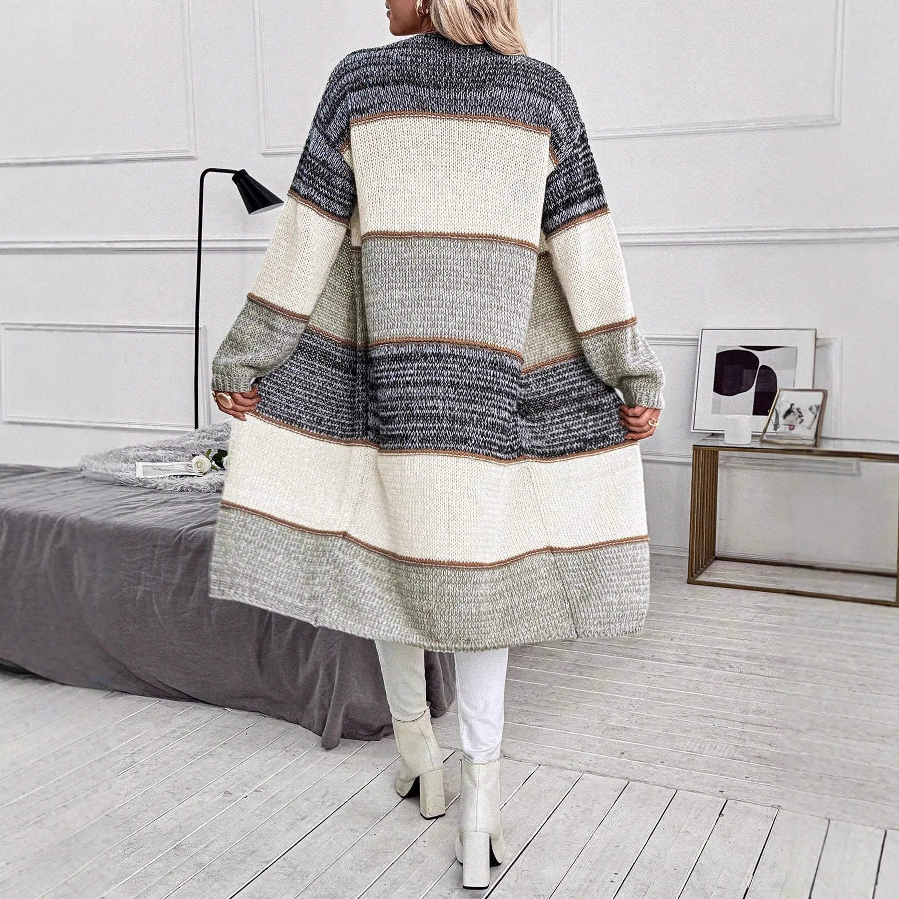 Grey striped women's long cardigan with loose fit and knitted construction