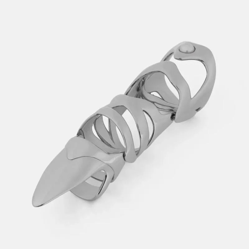 Silver-coloured punk armour finger stall fashion ring made from alloy.