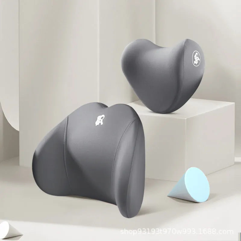 Heart-shaped car pillow set in various colours for lumbar and headrest support.