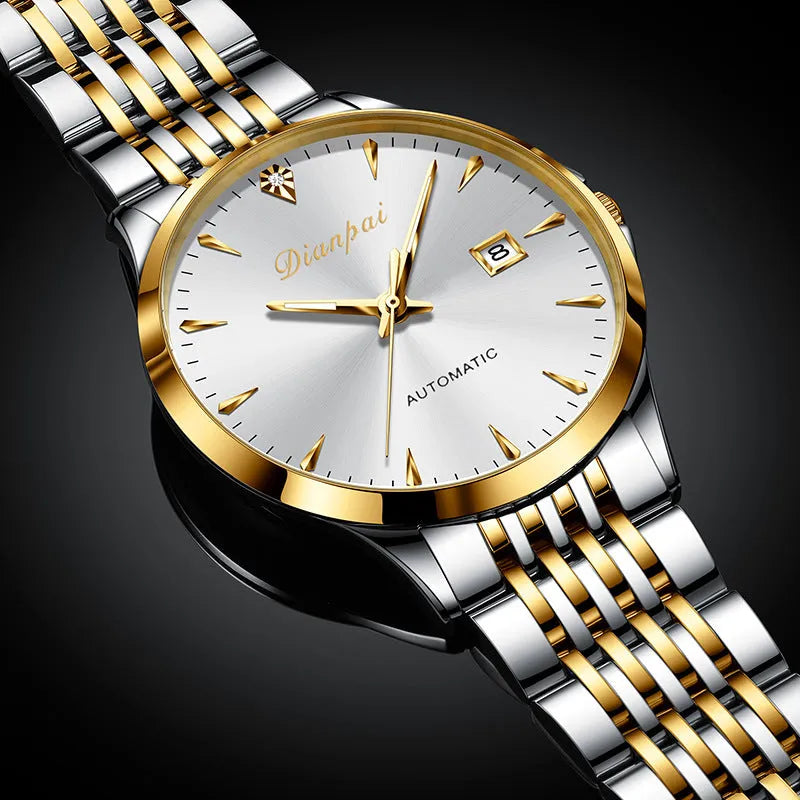 Men's simple dial automatic mechanical watch with stainless steel bracelet on wrist.