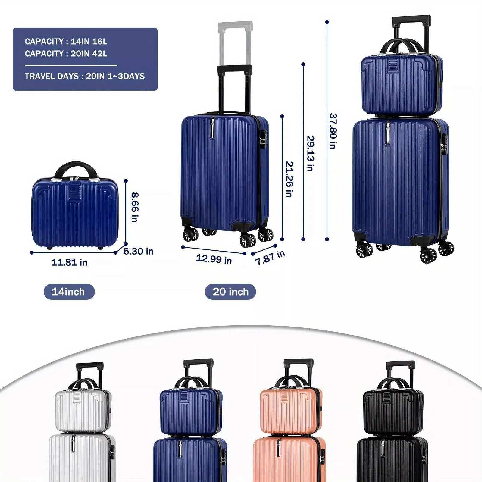 Aluminium alloy luggage and mini box travel set with matching 14in and 20in trunks in towel colour