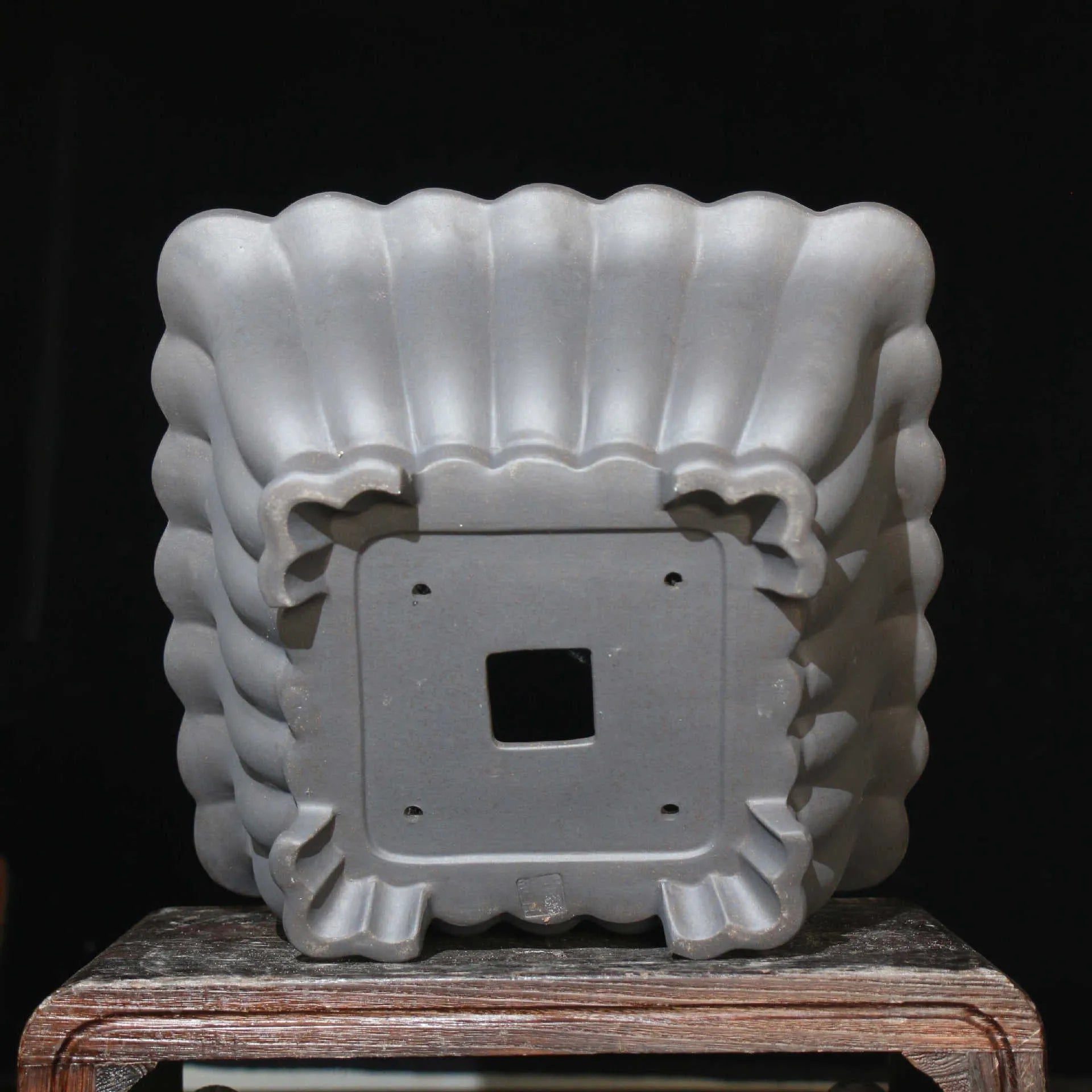 Purple sand ceramic square bonsai pot with classical styling and warp device detailing
