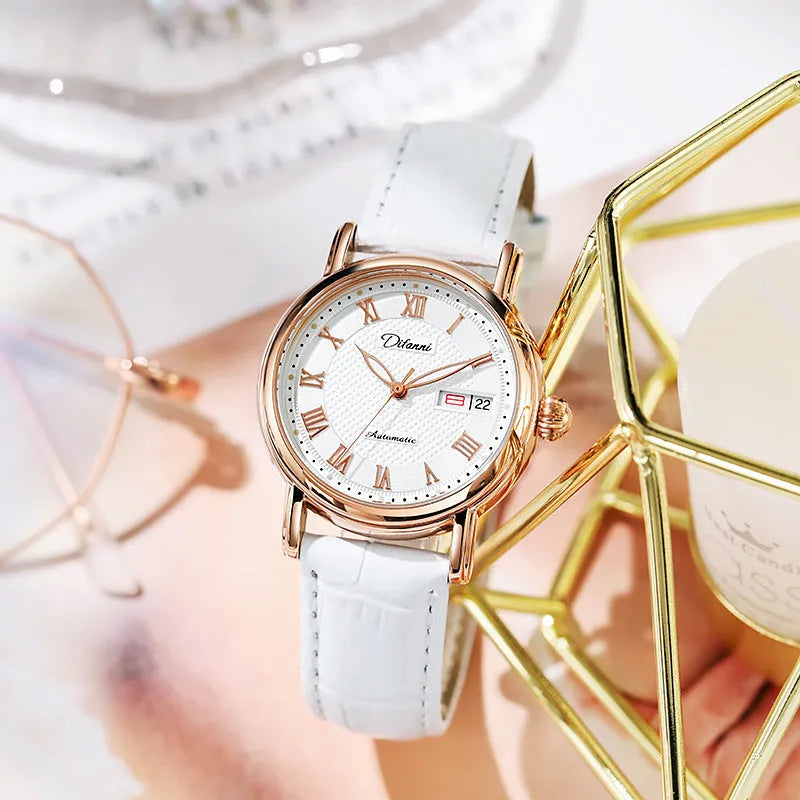 Automatic women's watch with 12mm case on a stainless steel bracelet alongside leather strap options