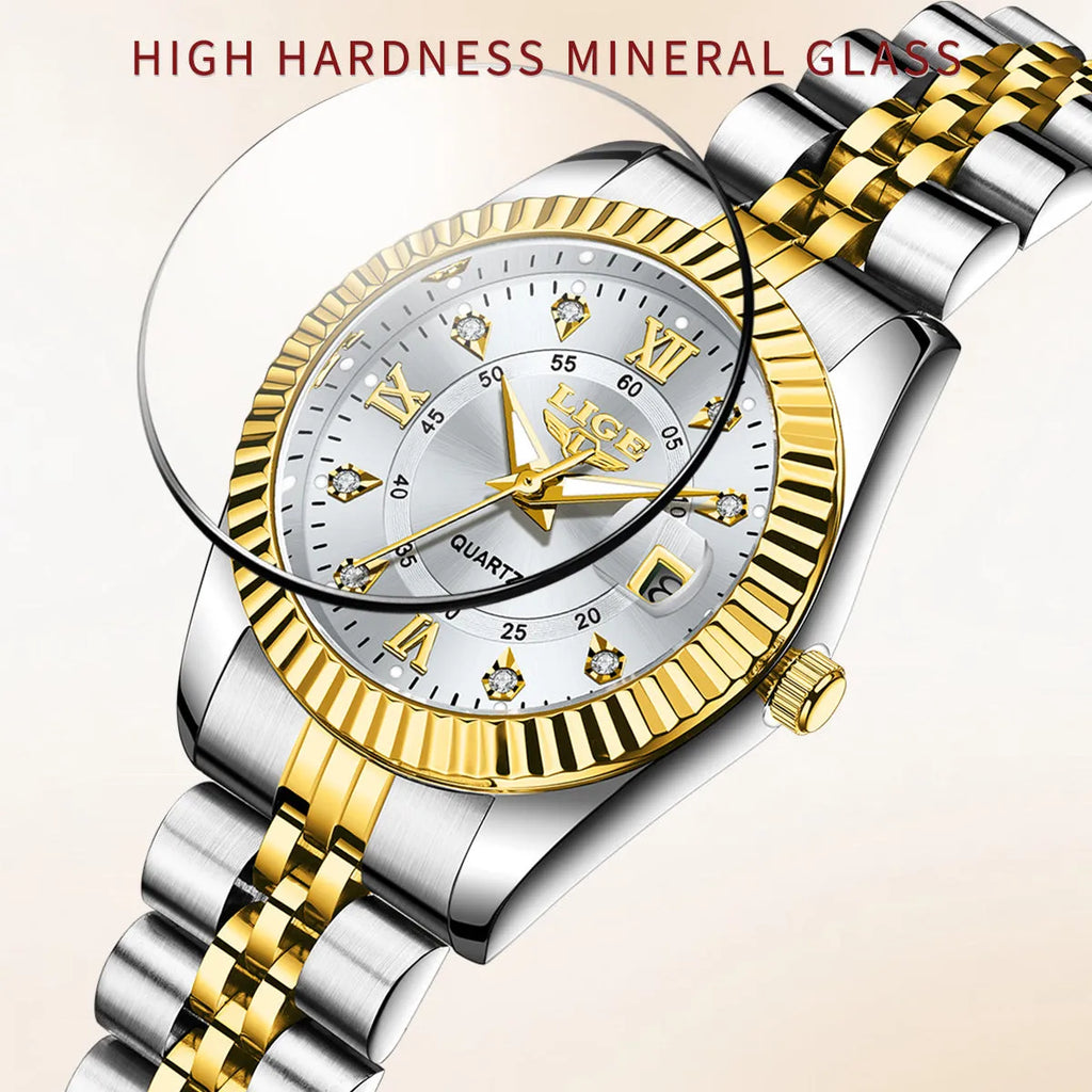 Women's waterproof quartz watch in gold and silver colours with 10mm thickness.
