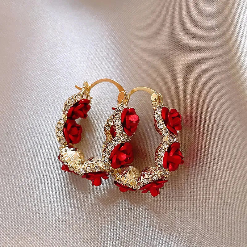 Red flower-shaped alloy clip earrings with rose motif for women