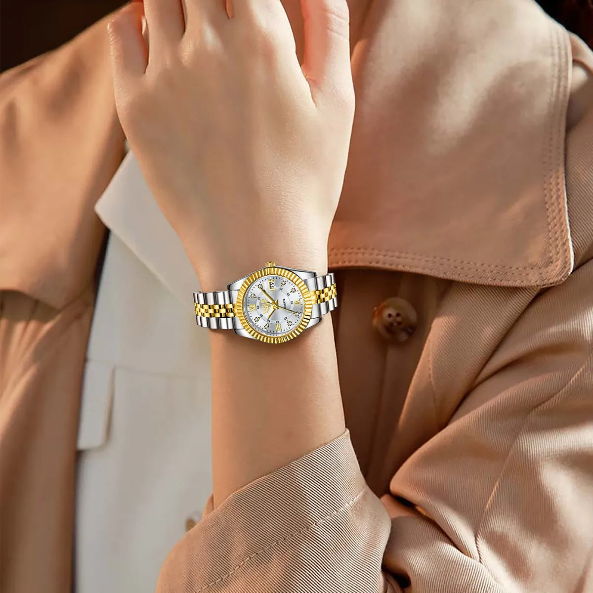 Women's waterproof quartz watch in gold and silver colours with 10mm thickness.