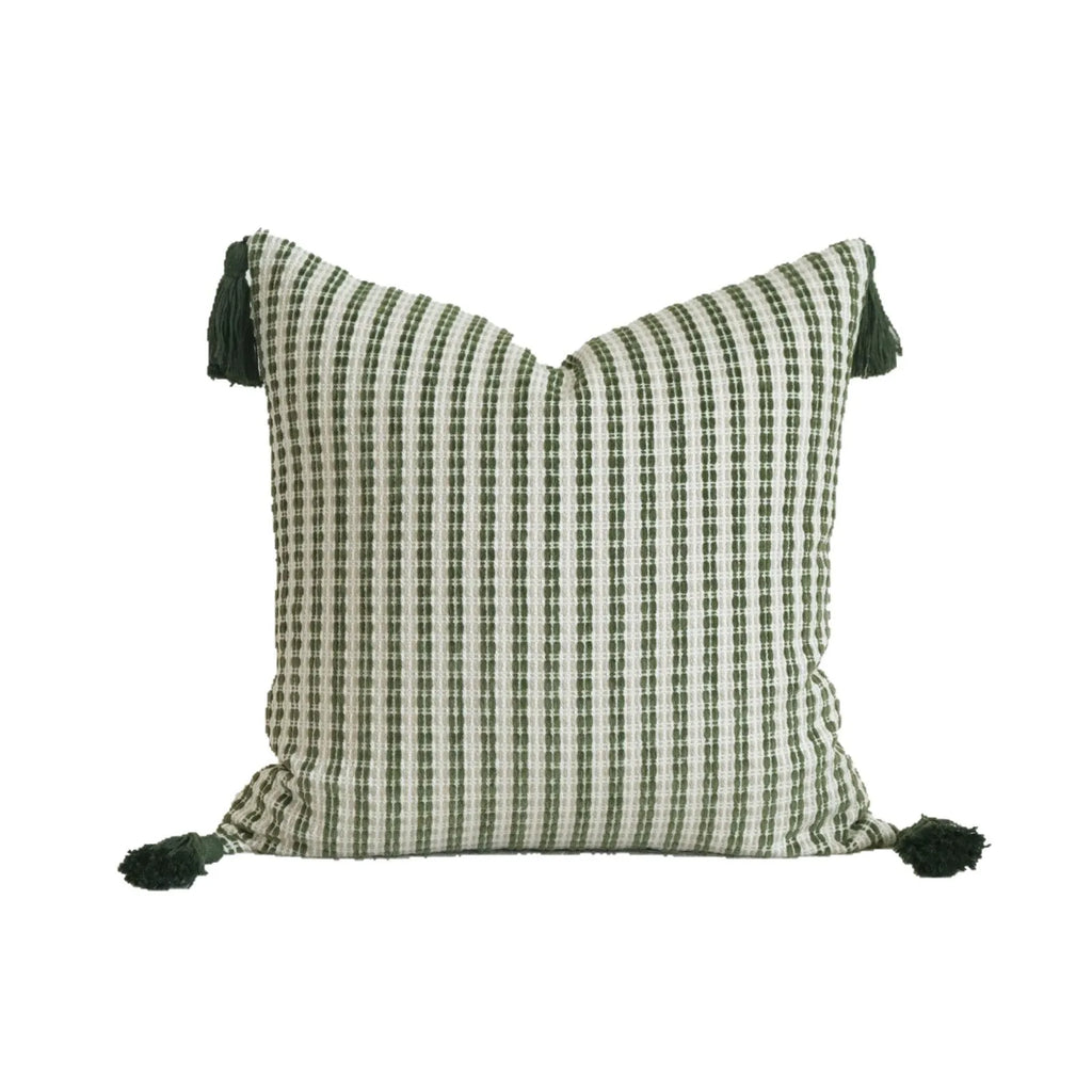 Green decorative hotel pillow set with striped and leafy patterns, shown with a matching pillow core.