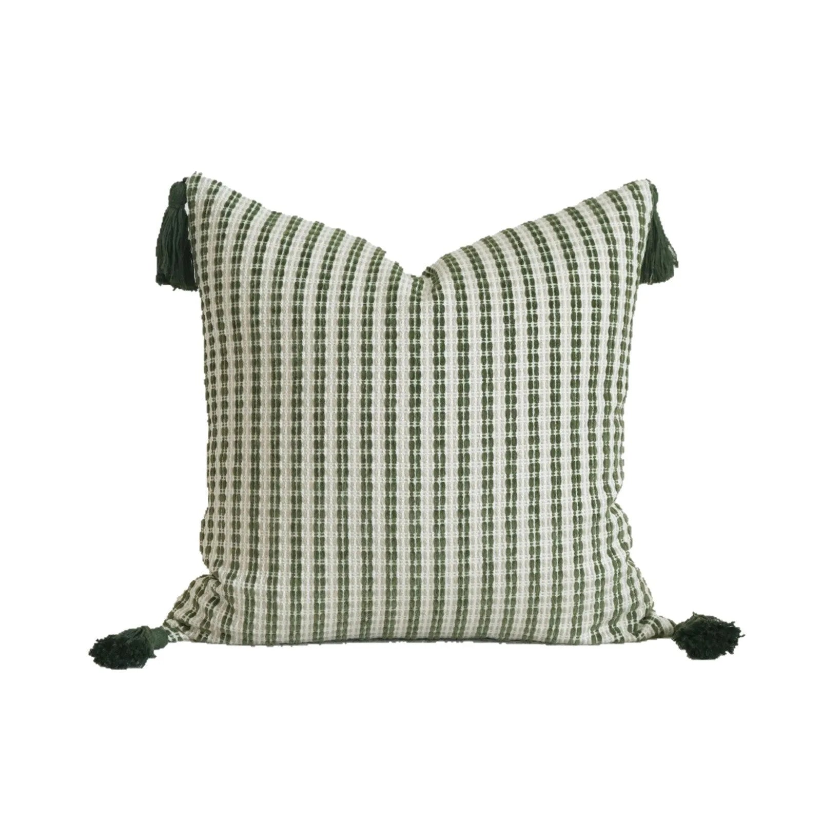 Green decorative hotel pillow set with striped and leafy patterns, shown with a matching pillow core.