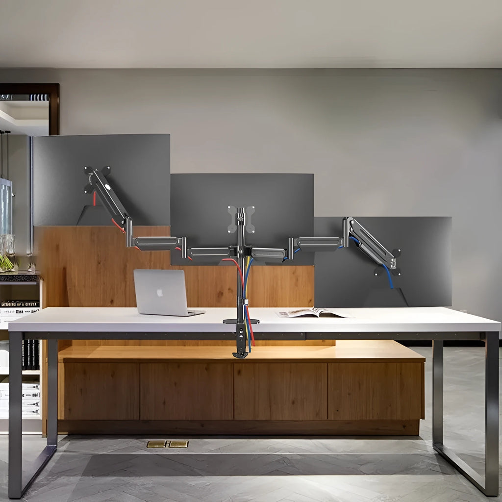 Three-screen monitor stand with adjustable rotary bracket and double air pressure arm in cold rolled steel