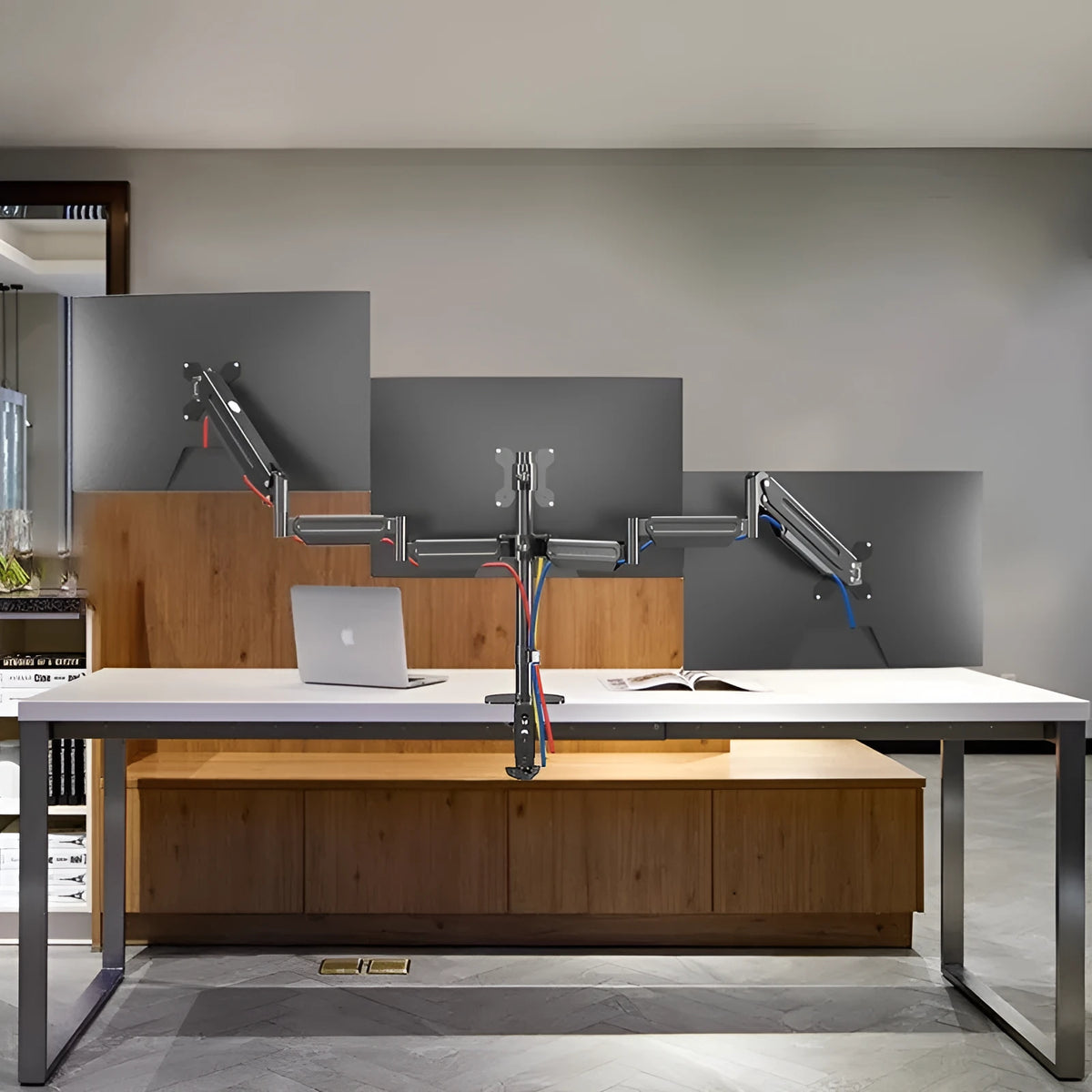 Three-screen monitor stand with adjustable rotary bracket and double air pressure arm in cold rolled steel