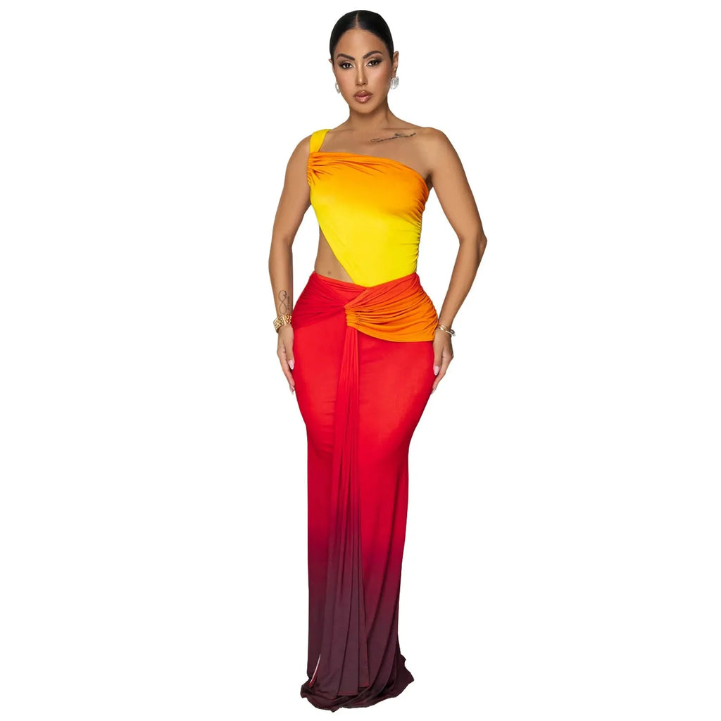 Women's gradient colour cross-shoulder maxi dress with high waist and long skirt