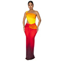 Women's gradient colour cross-shoulder maxi dress with high waist and long skirt