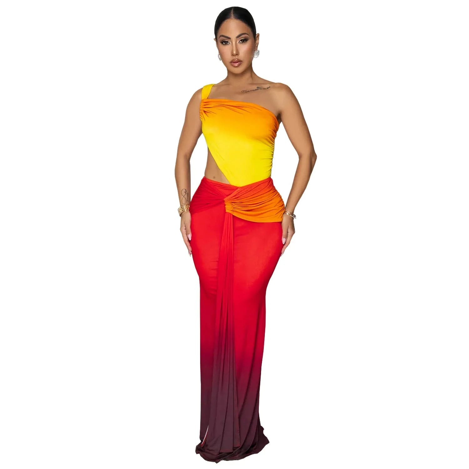 Women's gradient colour cross-shoulder maxi dress with high waist and long skirt